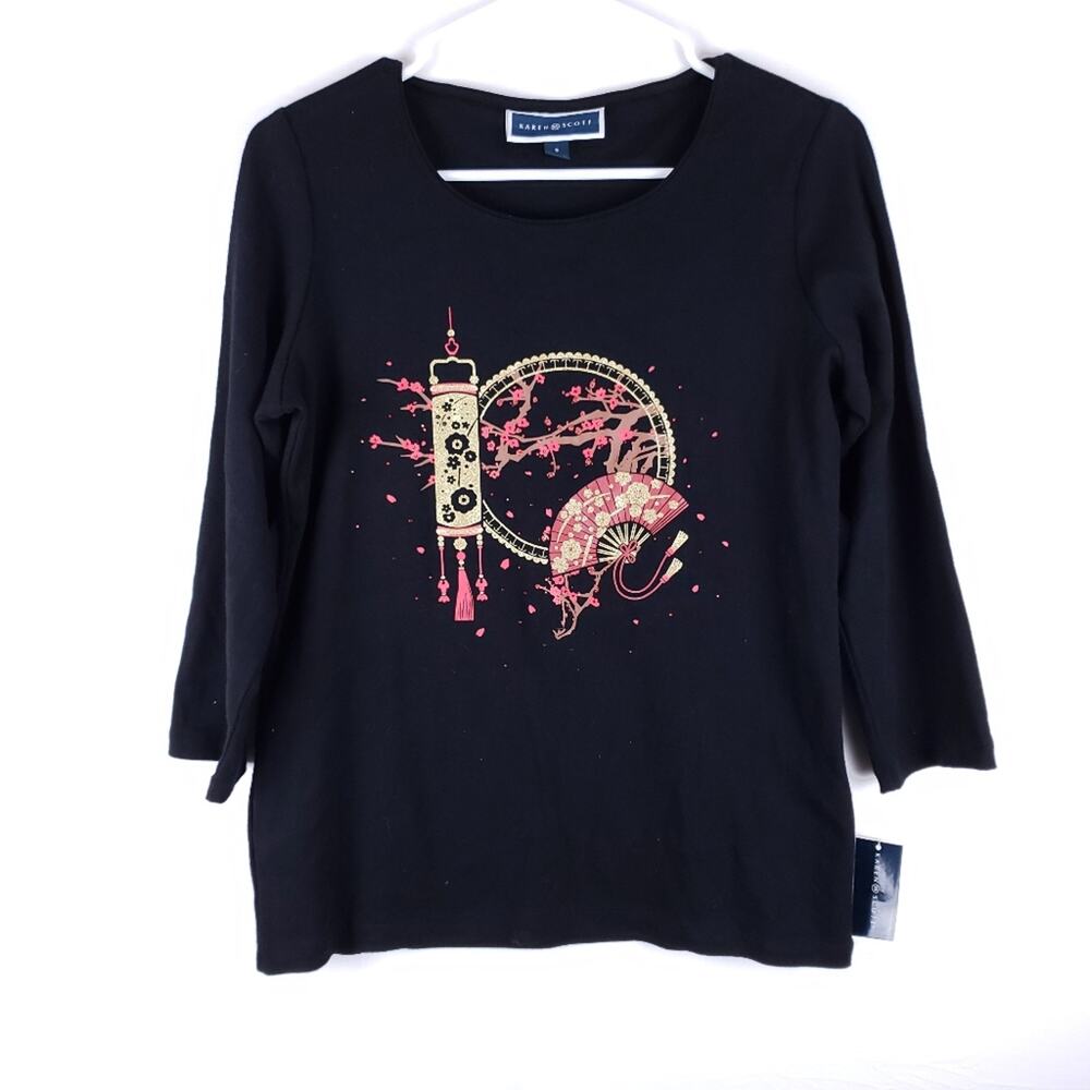 NWT Karen Scott 3/4 Sleeves T Shirt Size Small Black Cotton Scoop Neck